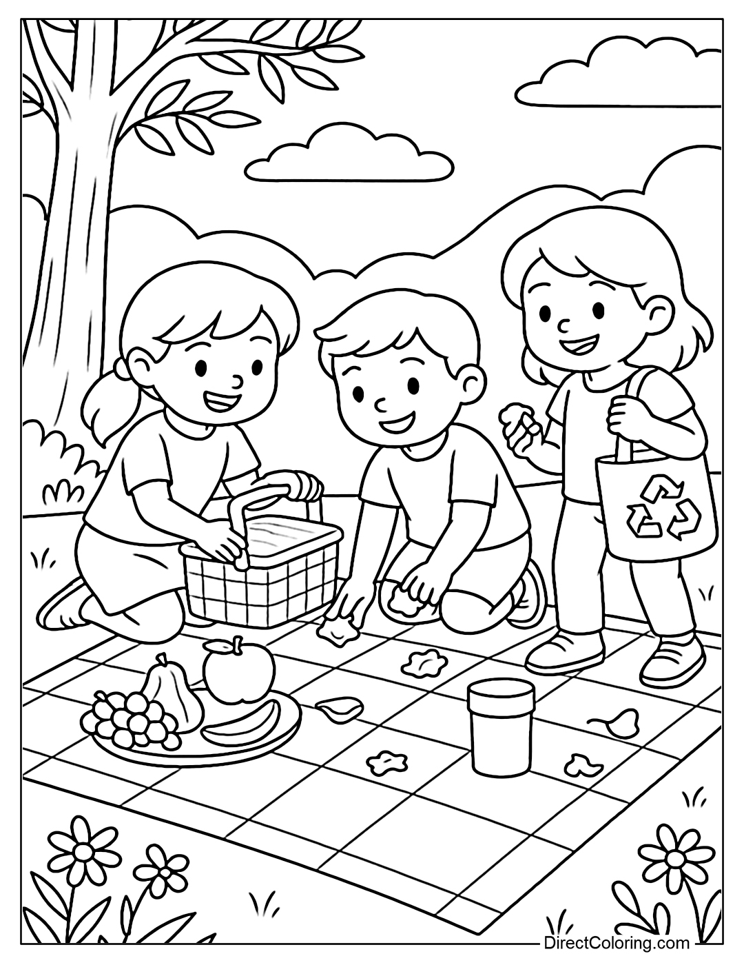 Coloring page of a group of children cleaning up the picnic, putting the baskets and trash in the right place.